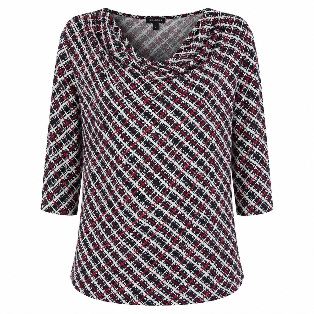 Talbots Drape Neck 3/4 Sleeve Geometric Print Top Shirt Size XL Red Black White